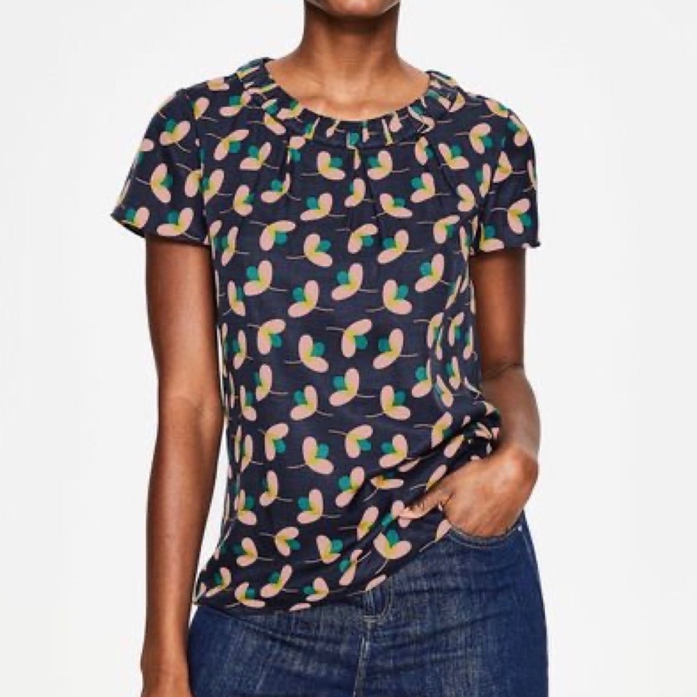 Boden Womens Silk Blend Abstract Floral Pleated Ruffle Neck Career Blouse Navy 4